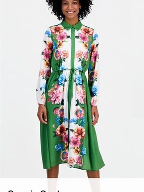 Tahari Green and White Floral Tie-Waist Midi Shirt Dress